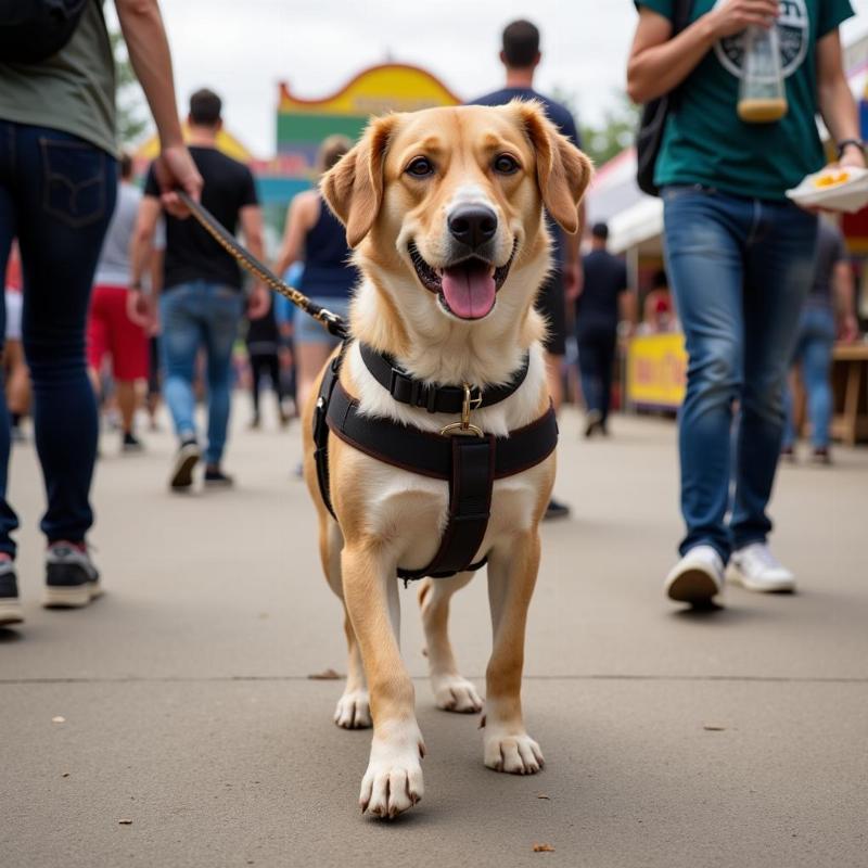 Dog navigating a crowd at a festival