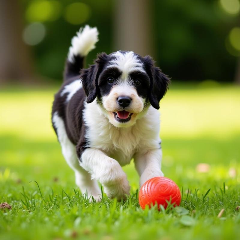 Greater Swiss Mountain Dog Poodle Mix playing fetch in a park