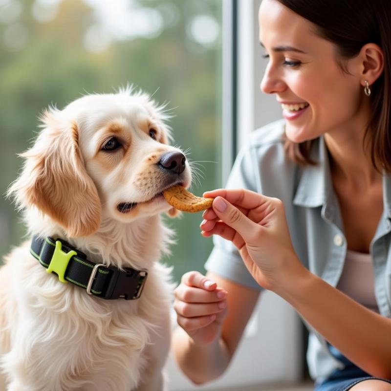 Training a small dog with a citronella bark collar, using positive reinforcement.