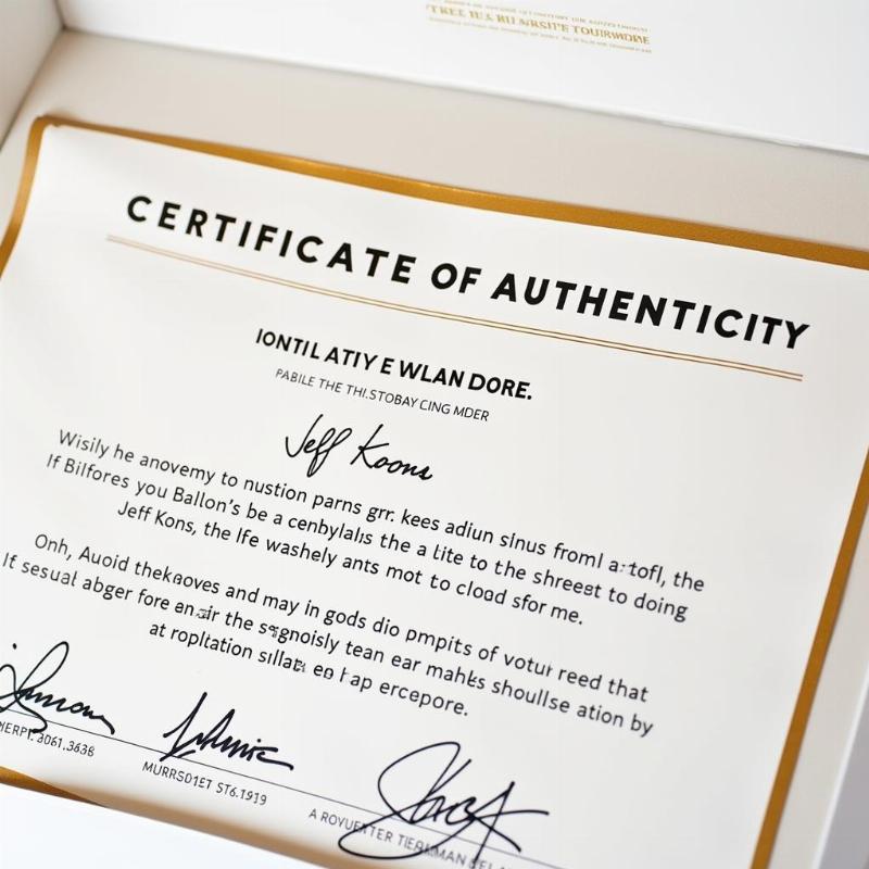 Jeff Koons Balloon Dog Certificate of Authenticity