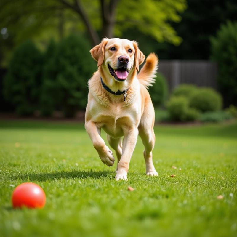 Marley the dog playfully running through a grassy yard, showcasing his energetic personality.