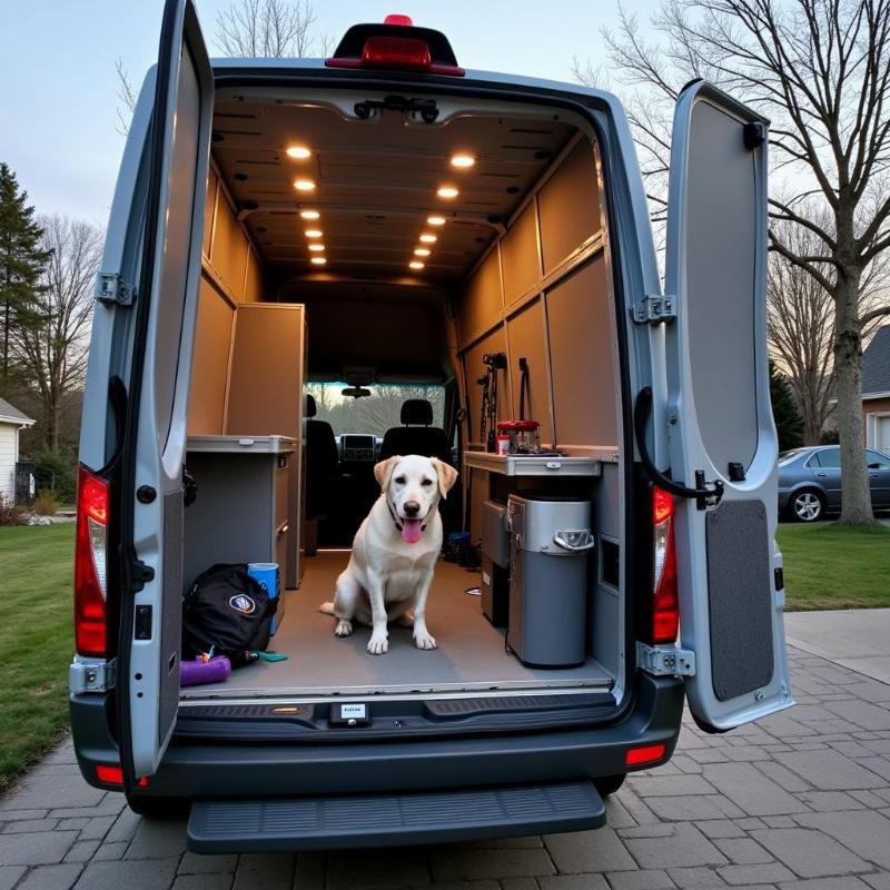 Mobile dog grooming setup at a client's home