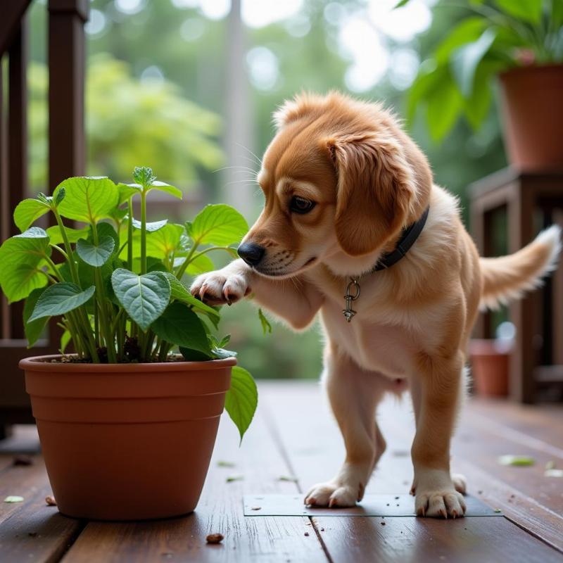 Dog peeing on a plant