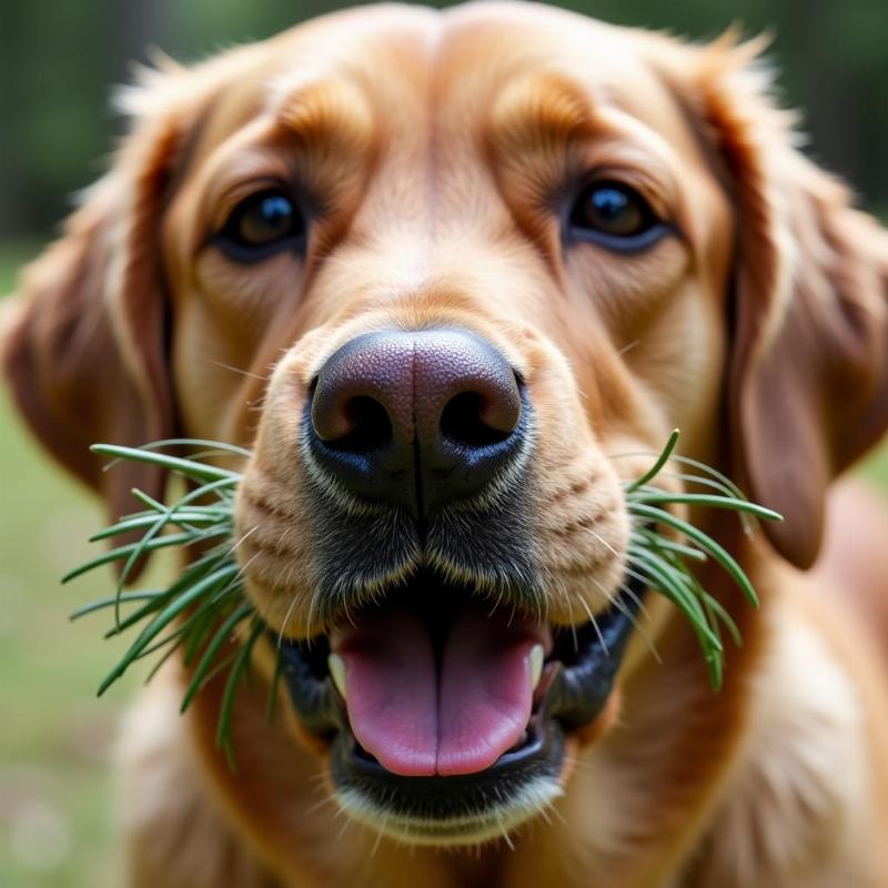 Dog with pine needles in its mouth