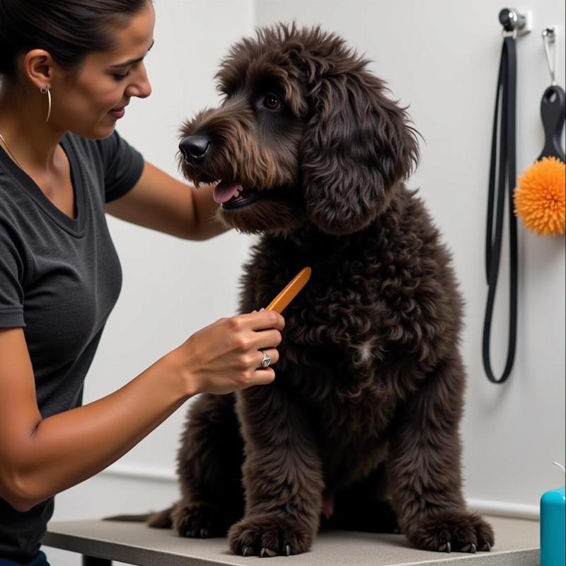 Portuguese Water Dog being groomed