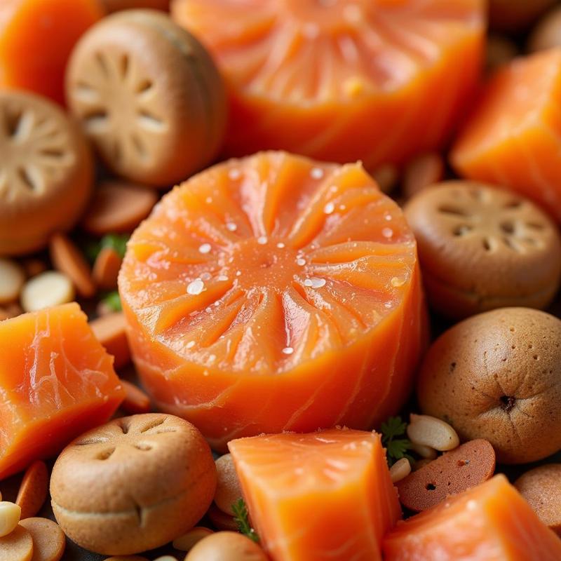 Close-up of Salmon and Sweet Potato Dog Food Ingredients