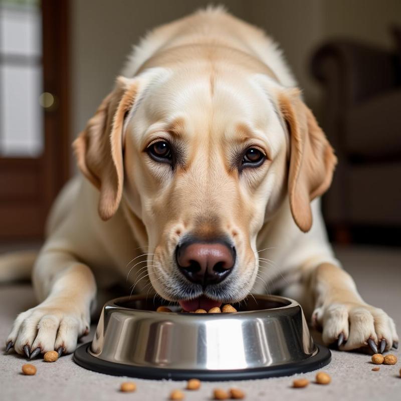 Senior Labrador Enjoying a Meal of Dry Dog Food