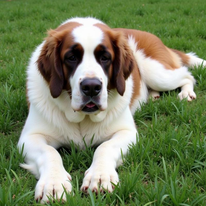 Senior St. Bernard resting in the grass