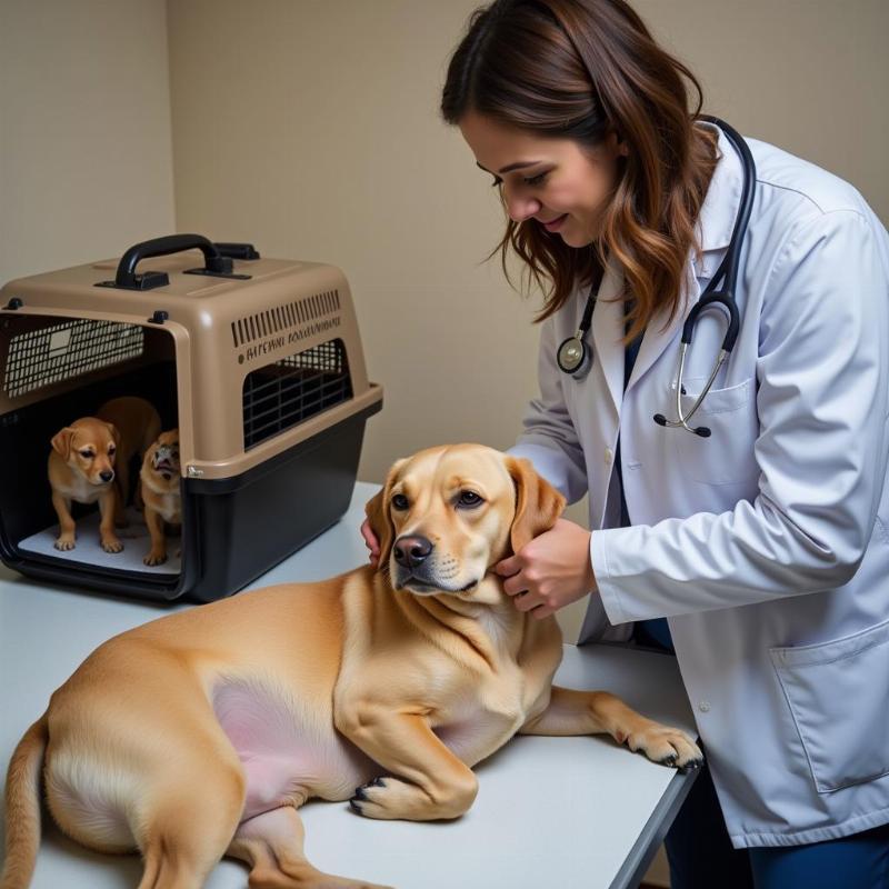 Veterinarian examining a dog after she has given birth