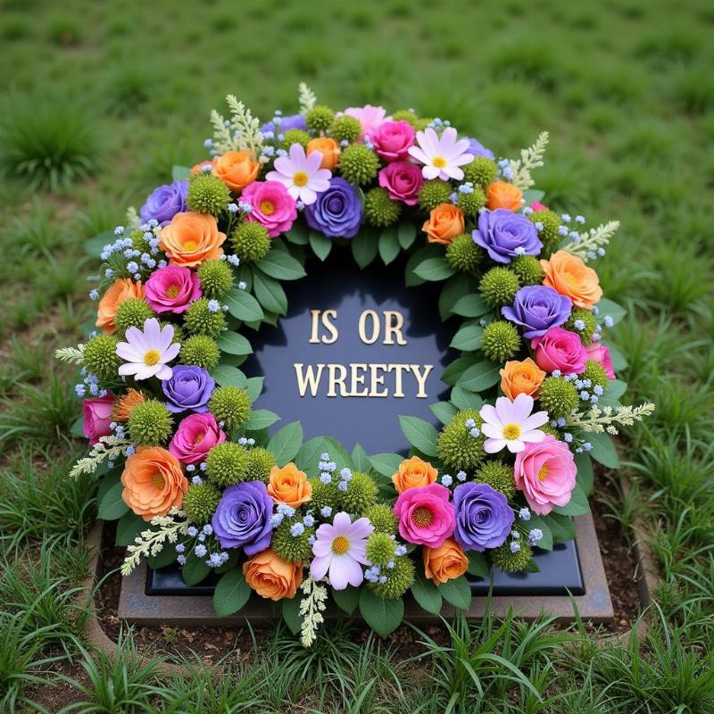 Floral Wreath for Beloved Dog: A vibrant wreath of colorful flowers and greenery adorns a dog's grave.